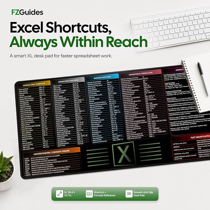 Large Excel Cheat Sheet Desk Pad | Excel Pad Shortcut Keys Mouse Mat - Extended Office Excel Mouse Pad with Excel Shortcuts & Formulas | Waterproof | XL Giant Deskpad for Desk 35.5" x 15.7"