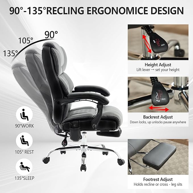 Executive Office Chair with Footrest,Big and Tall Ergonomic Computer Desk Chair for Heavy People,High Back Reclining Leather Chair with