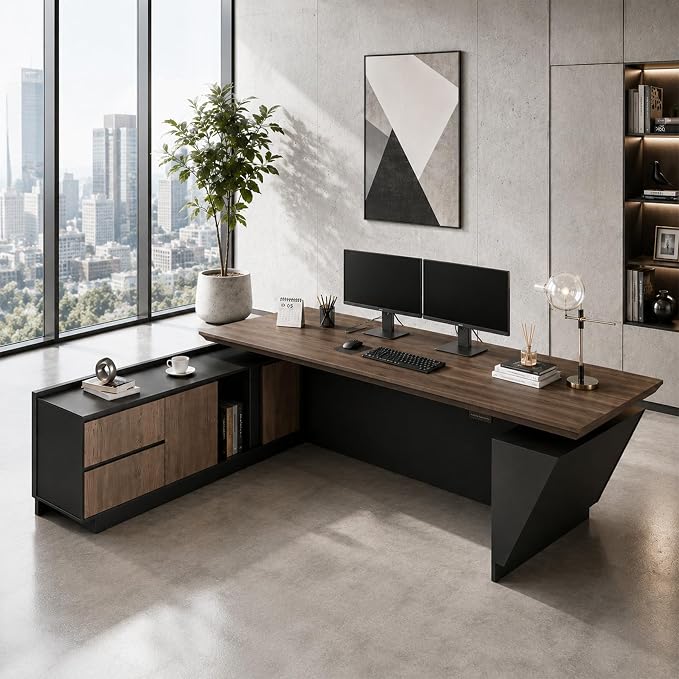 SAINTCY 78.7 Inch Adjustable Executive Desk - Luxury L Shaped Desk with Drawers, Large Table with File Cabinets, Executive Office Desks with LED Light Strip Home Office Desk for Professionals