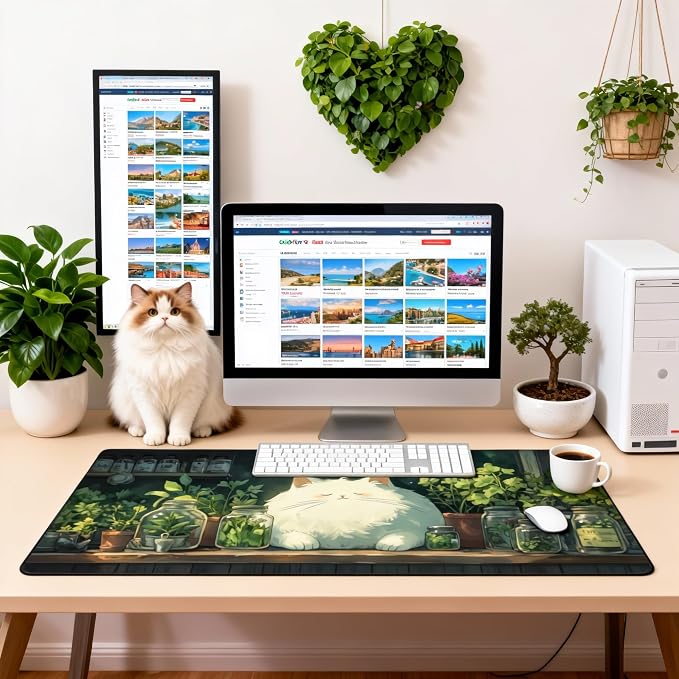 Cute Anime White Cat Gaming Mouse Pad, Forest Green Anime Desk Mat with Anti-Slip Base & Stitched Edges,35.4" x 15.7" in Table Mat for Computer Desktop, Beautiful Workstation Decor