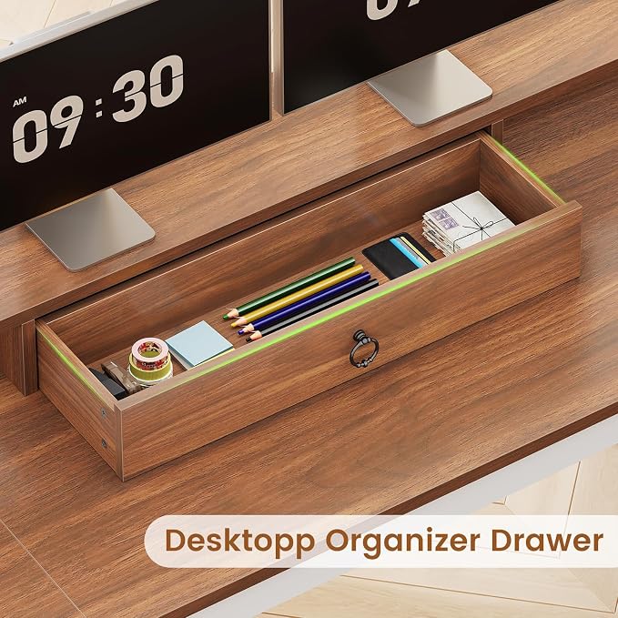 SEDETA Farmhouse 63" L Shaped Desk with Drawers and Storage Cabinet | Office Desk with File Drawers, Wood Corner Computer Desk with Storage, Home Office Desk with Monitor Stand,Walnut and White
