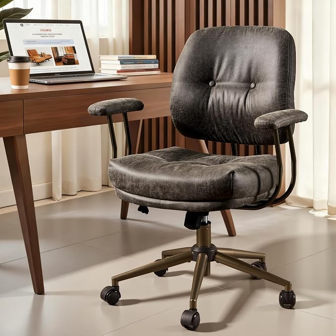 ovios Home Office Chair with Thick Cushion, Mid-Century Modern Faux Leather Ergonomic Chairs, Mid Back Swivel Rolling Computer Executive Armchair (Dark Grey, Suede Leather)