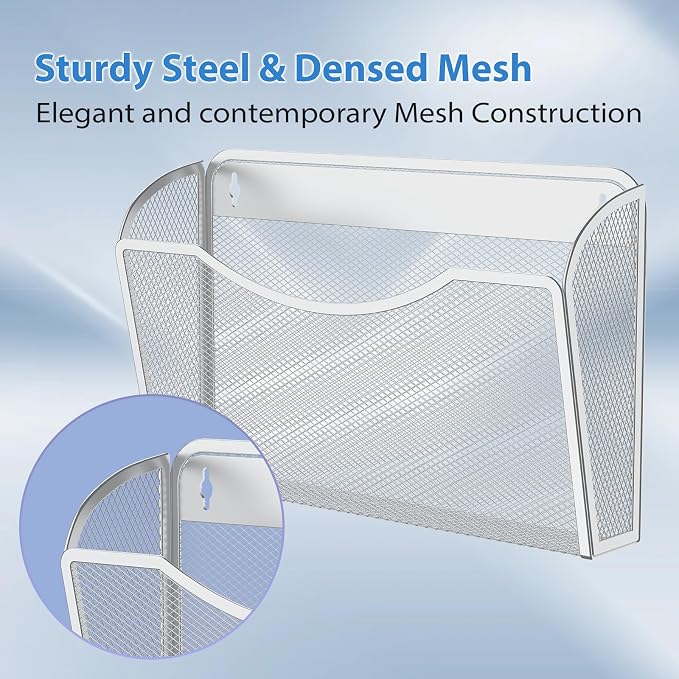 MINDEPOT Wall File Organizer, Hanging Wall File Holder, 1 Pack, Silver | Heavy Duty Iron, Metal Mesh Wall Mount, Single Pocket, Mail Organizer, for Office School Classroom Home, Letter A4 Size