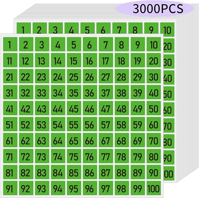 STARLIBOO 1 to 100 Consecutive Number Stickers, 0.4 inch Square Small Number Stickers Labels for Inventory, Storage, Organizing, Boxes, Bins, Toolbox, Locker (3000 Labels, Green)