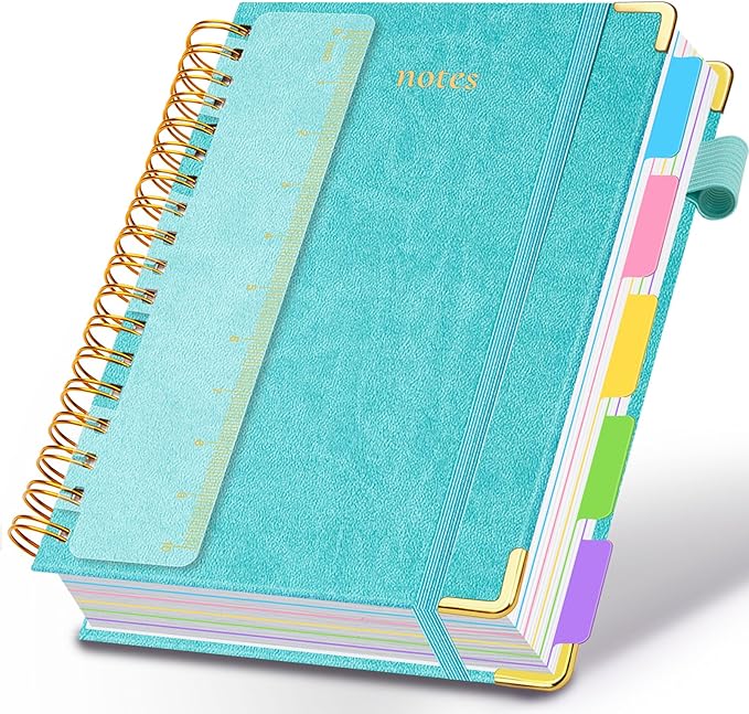 Hardcover Spiral Notebook 8.5"x11" Journal Notebook with Tabs and Removable Dividers 300 Pages 5 Subject Notebook College Ruled, Faux Leather Spiral Bound Notebook for Women School Work(Blue)