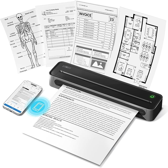 D90E Inkless Portable Thermal Printer for Travel, Black 1pack | Wireless Bluetooth Small Compact Mobile Printer for Travel/Office/School/Home, Compatible with iPhone, Tablet & Laptop