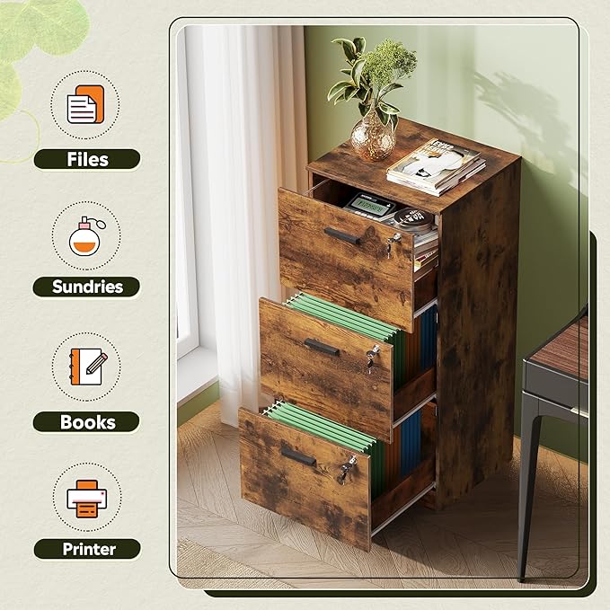 DEVAISE 3 Drawer Wood File Cabinet for Home Office, Fits Letter and A4 Size | Wooden Filing Cabinet with Lock, Vertical File Storage Cabinet, Easy Assembly, Rustic Brown