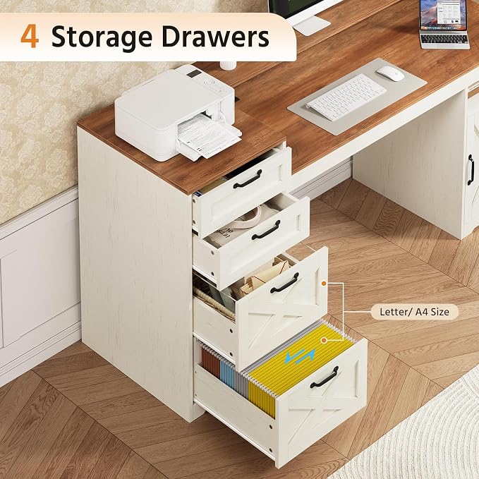 63" Farmhouse Computer Desk with 4 Drawers for Home Office, Bedroom | Executive Desk with Printer Shelf, Monitor Stand, Home Office Desks with Power Outlets, Storage Shelves, Antique White