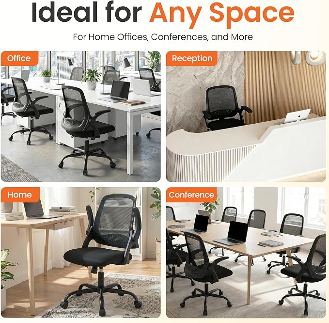 NEO CHAIR Office Computer Chair Ergonomic Mesh Back Flip-Up Arms Mesh Black | Lumbar Support, Smooth-Rolling Casters, Height Adjustable Seat, Comfortable Seating for Office, Study and Computer Work