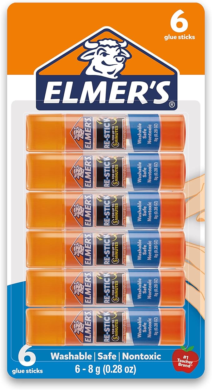 Elmer's Re-Stick Glue Sticks, 8 grams, Washable, 6 Count