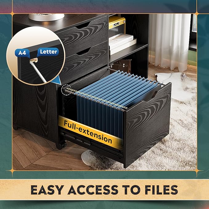DEVAISE 3-Drawer Wood File Cabinet, Mobile Lateral Filing Cabinet, Printer Stand with Open Storage Shelves for Home Office, Black | Mobile Printer Stand, Open Storage Shelves, Letter & A4 Compatible, Wood, Home Office