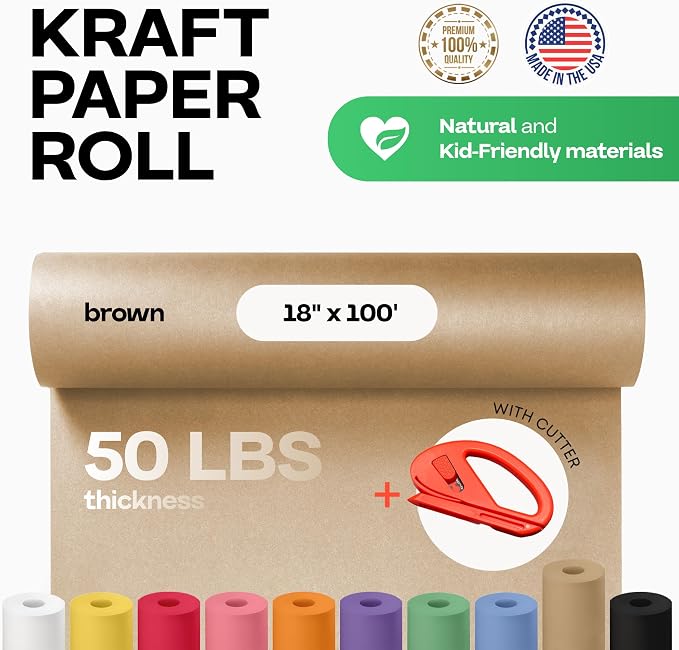 Brown Kraft Paper Roll 18" x 1200" (100 feet) with Cutter - USA-Made Gift Wrapping Paper for Packing, Moving, Shipping & Crafts/Arts - 100% Recyclable Natural Craft Material by IDL Packaging | Gift Wrapping Paper for Packing, Moving, Shipping & Crafts/...