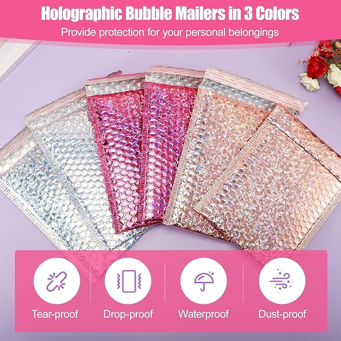 60 Pcs Holographic Bubble Mailers,6 x 9 Inch Metallic Bubble Mailers,Waterproof Shipping Bags,Poly Padded Envelopes,Self Sealing Cushion Envelopes for Mailing,Packing,Small Business (Multicolor-A)