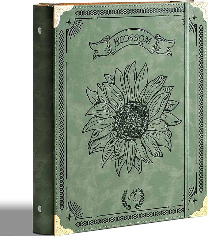 Sunflower PU Leather 3 Ring Binder 1 Inch Round Ring Binder Holds 200 Sheets 8.5"x11" Letter Size Paper, Wedding Family History Notebook Cover Loose Leaf Organizer, Green
