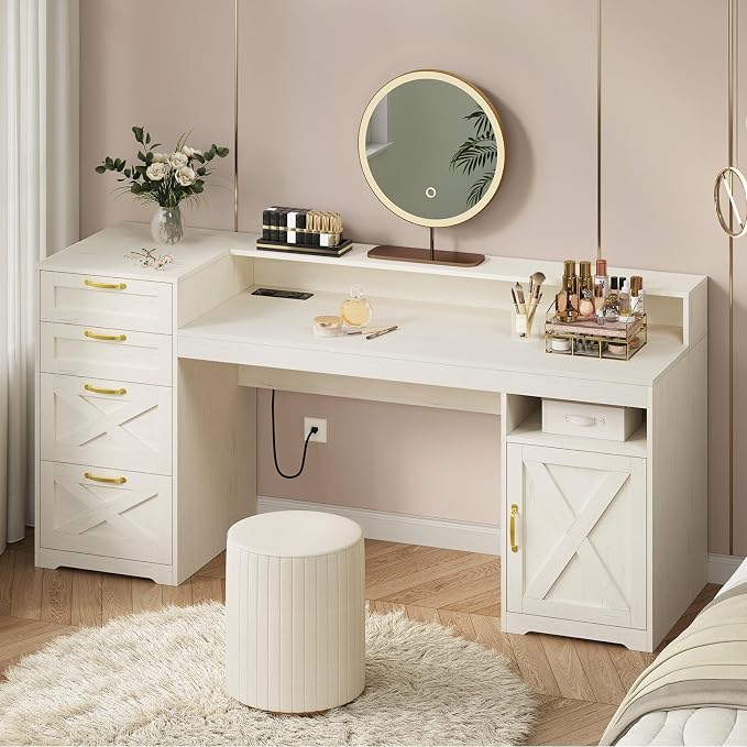 63" Farmhouse Computer Desk with 4 Drawers for Home Office, Bedroom | Executive Desk with Printer Shelf, Monitor Stand, Home Office Desks with Power Outlets, Storage Shelves, White