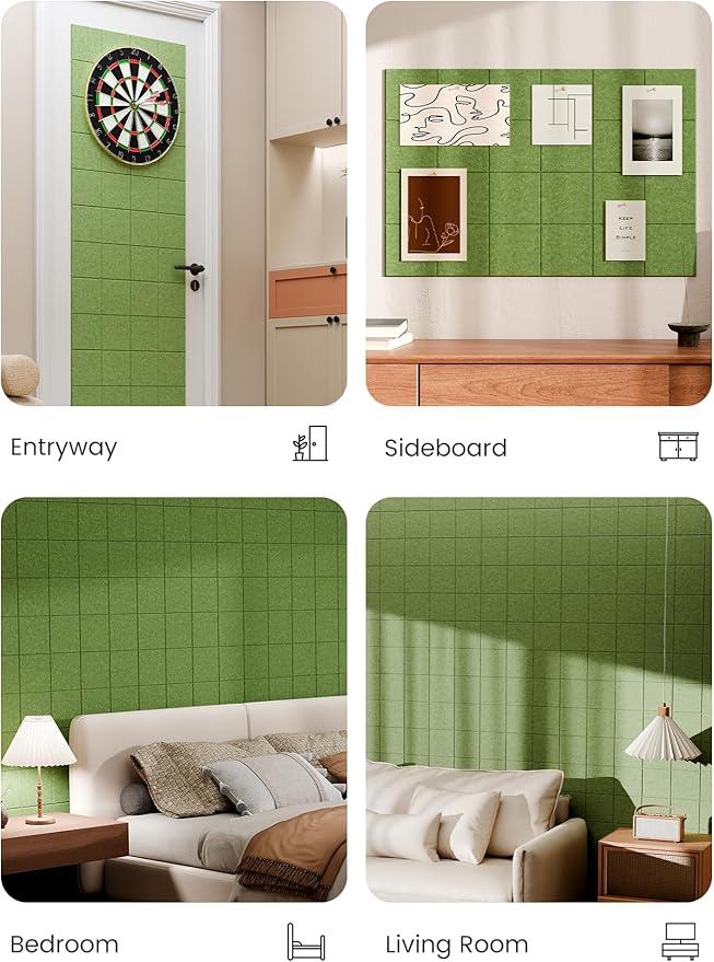 Bumusty Large Felt Bulletin Board, 36" x 24" Cork Board Alternative, 6-Pack Wall Tiles with 4-Compartment Design, 30 Push Pins, 40 Adhesive Tabs, Ideal for Office & Home Decor, Kelly Green