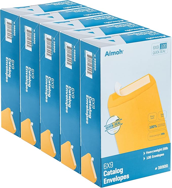 Aimoh 6 x 9 Self-Seal Brown Kraft Catalog Envelopes - 28lb, Ultra Strong Quick-Seal, 6x9 inch - 500 Count (38900-CS)