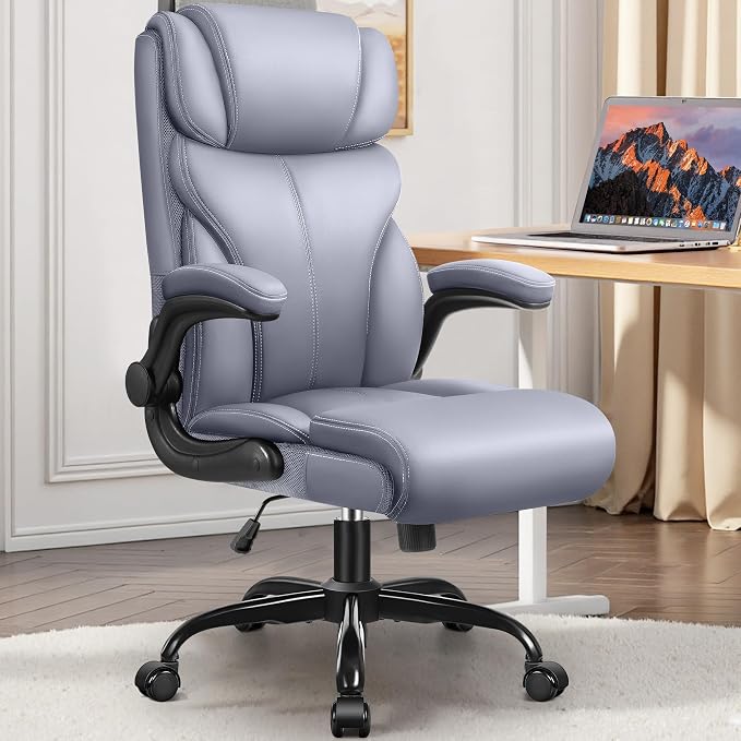 HeroSet Office Chair, Ergonomic Big and Tall Computer Desk Chairs, Executive Breathable Leather Chair with Adjustable Flip-up Armrests, Lumbar Support Swivel PC Chair with Rocking Function,Matte Gray