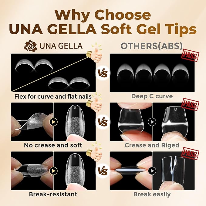 UNA GELLA Oval Fake Nails Pre-shape 504pcs Almond Gel Nail Tips Round Almond Press on Nails for Full Cover Acrylic Round Oval Full Nails False Nails 12 Sizes False Soft Gel Tips