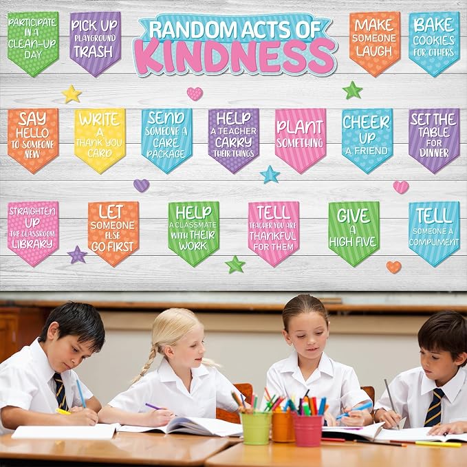 Random Acts of Kindness Bulletin Board Set Colorful Motivational Classroom Bulletin Decorations Rainbow Flip Kind Challenge Cutouts for Back to School Office Home Chalkboard Decor Wall Door