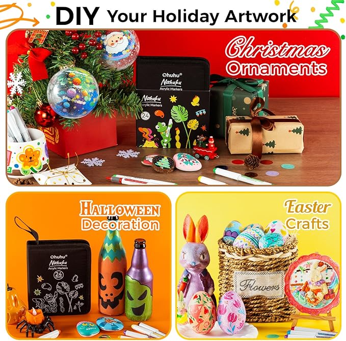 Ohuhu Acrylic Paint Markers Brush Tip 24 Colos Automatic Ink Control Acrylic Markers High Opacity Paint Pens for Rock Painting 3D Prints Easter Eggs Wood DIY Crafts - Nahuku