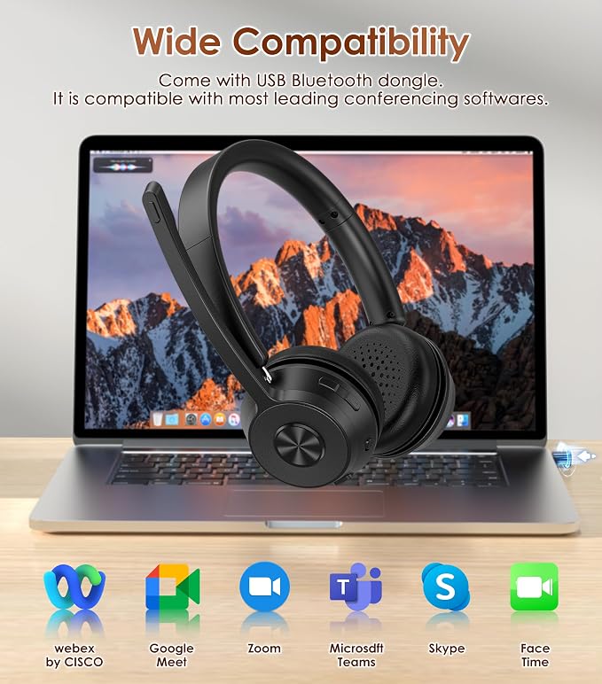 Wireless Headset with Mic for Work, Bluetooth Headset with Noise Cancelling | Headphones with Microphone Mute & USB Dongle for PC/Computer/Laptop/Cell Phones/Remote Work/Call Center (Black)