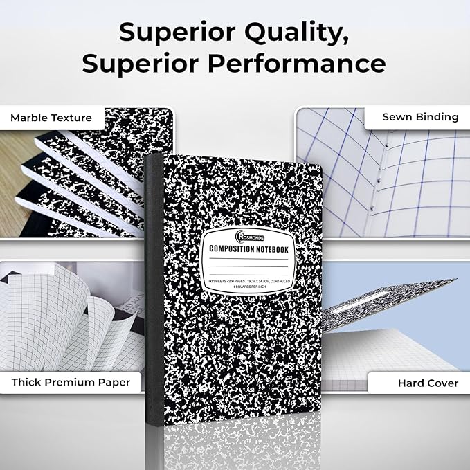 Composition Notebooks Bulk, 2000 Pack, Quad Ruled, Black Marble | Full Pallet of Composition Notebooks, Graph Ruled, 100 Sheets (200 Pages), 4x4 Grid, Bulk Notebooks Supply, 4-7 Days Transit
