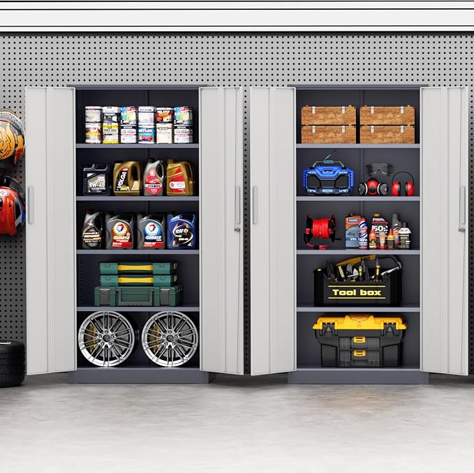 Incbruce 72” Metal Storage Cabinet, Garage Cabinets and Storage System with Doors and Shelves, Tall Lockable Tool Cabinet for Garage, Office, Home (Grey White)
