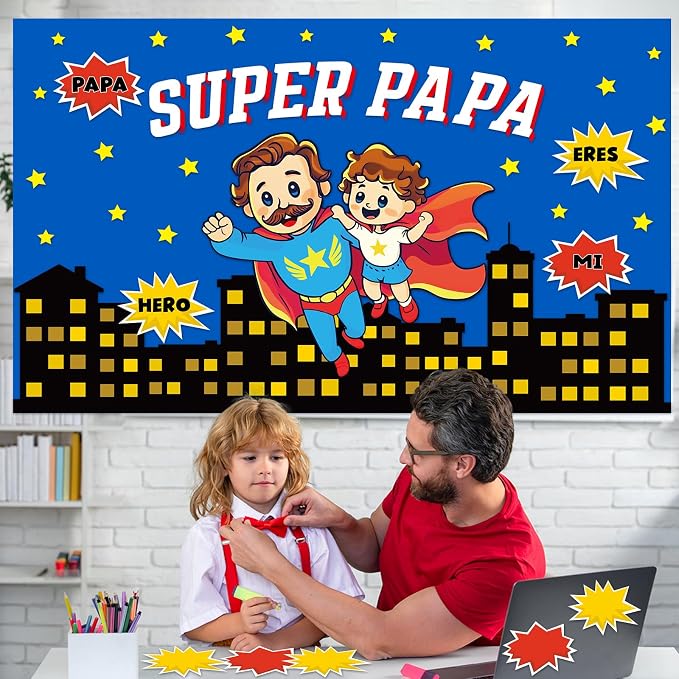 Happy Father's Day Bulletin Board Set Super Dad Themed Classroom Decorations Super Pa Pa Hero Cityscape Cutouts for Fathers Day School Office Wall Door Decor Chalkboard Supplies
