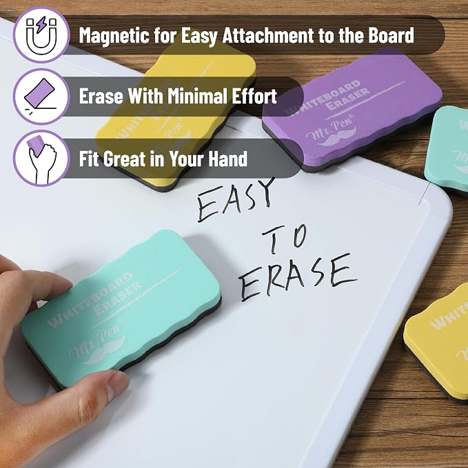 Mr. Pen- Magnetic Dry Erase Erasers, 4"x2.25", 8 Pack | Colorful Magnetic Whiteboard Erasers for White Board, Classroom, Home, Office, Back to School Supplies