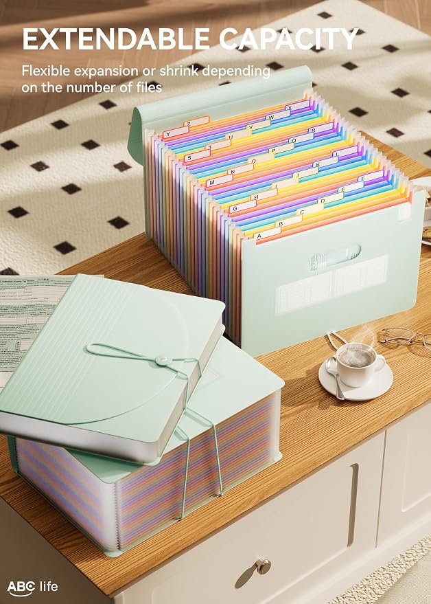 ABC life 26-Pocket Accordion File Organizer, Expanding File Folder | Letter/A4 Size, Plastic Monthly Bill & Tax Receipt Holder with A-Z Tabs for Home, Office, Classroom - Sage Green