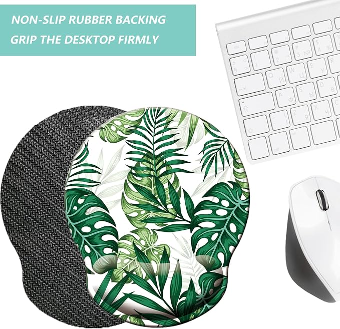 Mouse Pad with Wrist Support, Ergonomic Mouse Pad with Memory Foam Wrist Rest Cushion, Non-Slip Rubber Base Gaming Mice Pad for Home Office Computer Laptop, Green Frond
