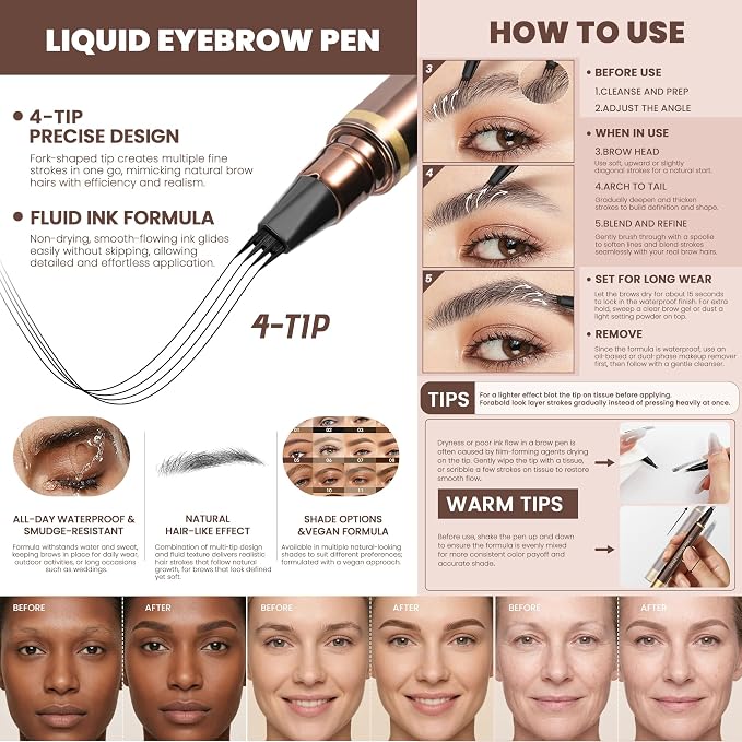 2 Pack Eyebrow Pen, Waterproof Microblading Eyebrow Pencil, 4 Tip Precise Eye Brow Makeup Pen for Women to Effortlessly Create Hair Like Natural Brows, Non Dry Out and Last All Day (Blonde)