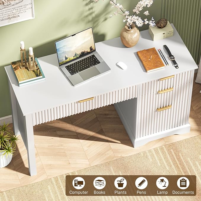 Vabches Fluted Executive Desk with Drawers, Wood Computer Desk with Ample File Drawer, Home Office Desk with Storage for Study, Bedroom, Living Room, White