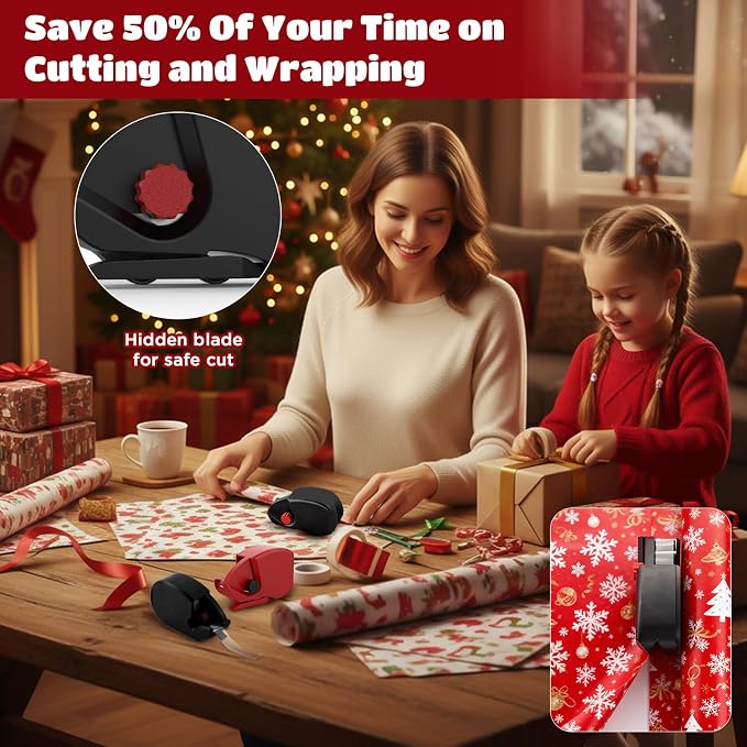 1-Pack Wrapping Paper Cutter and Tape Dispenser with 1 Tapes & 6 Blades - Fast & Safe Straight Line Cutting Tool for Gift Wrapping, Fits All Wrapping Paper Rolls (Black)
