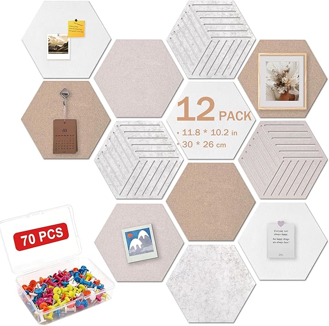 12PK Hexagon Cork Board & Warm Khaki Felt Bulletin Board 70 Pins | 11.8x10.2 inches, 12-pack set, cut-out geometric designs, ideal for home office wall decor, vision board, DIY art projects