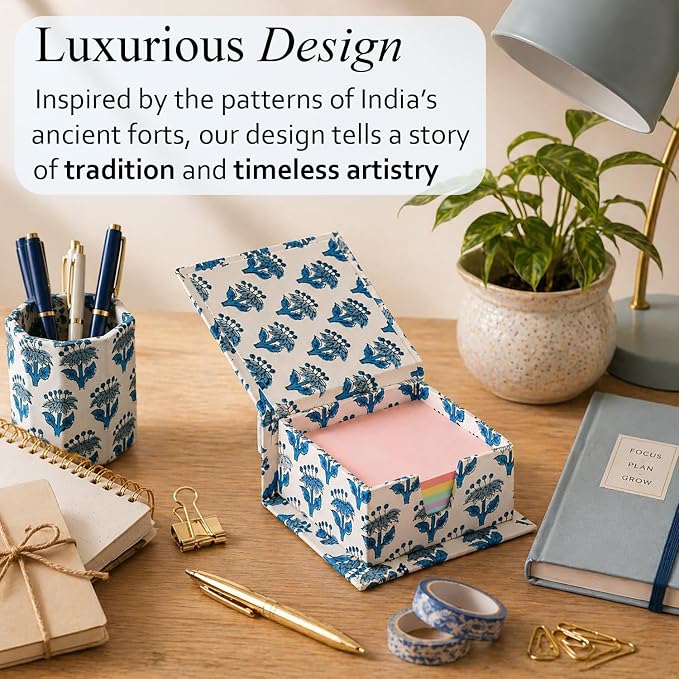 CPC Apatite Blue Block Print Cotton Desk Organizer Sticky Note Holder | Cute, Aesthetic, Decor Accessories, Workspace Organizers, Caddy Storage, Gift for Office, Professionals, Student