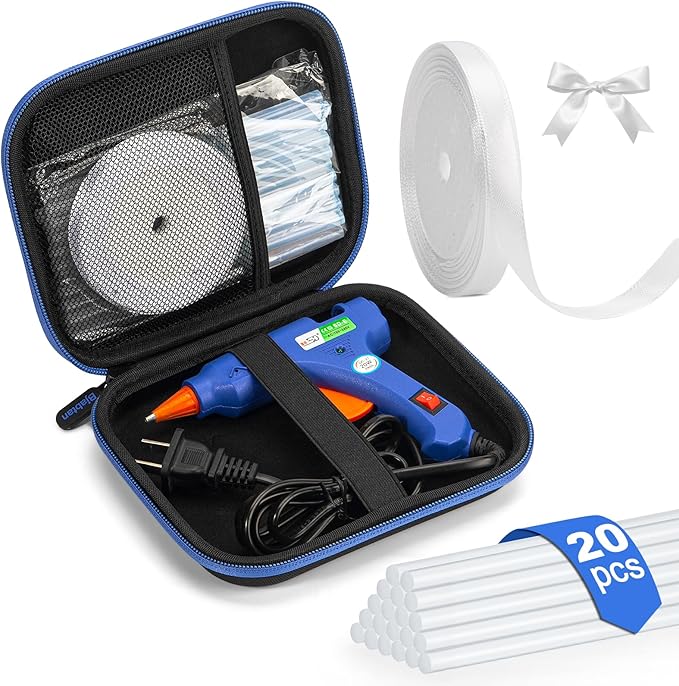 Hot Glue Gun Kit with 20 Glue Sticks and Double Faced White Ribbon, 3/8" x Continuous 25 Yards, Hard Shell Carrying Case, White Satin Ribbon Use for Bows Bouquet,Balloons,Gift Wrap,Floral Arrangement