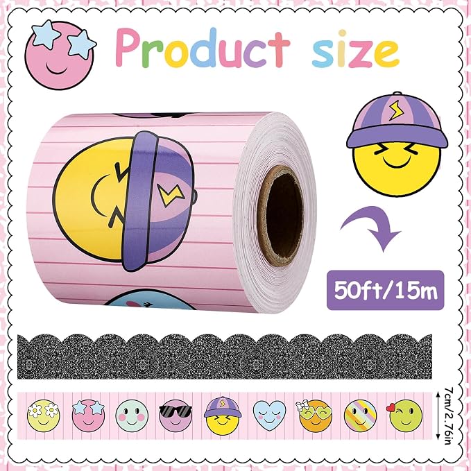 Gilprop 100 ft Back to School Bulletin Board Borders Composition Smile | Happy Face Classroom Decoration, Scalloped Trim, Preschool Kindergarten Office Teacher Suppy, Party Wall Decor