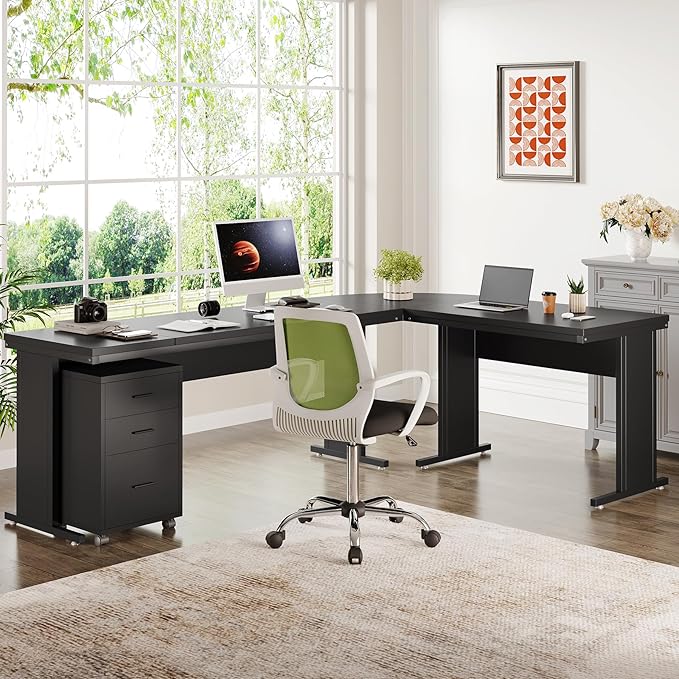 Tribesigns L-Shaped Executive Desk, Large Office Desk with 3-Drawer File Cabinet, Industrial Corner Computer Table with Drawers, Business Workstation for Home Office (Black, 83")