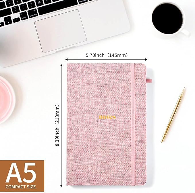 A5 Lined Journal Notebook, Fabric Hardcover | 100GSM Paper 160 Pages, 5.7"x8.39" College Ruled Journaling, Elastic Band & Pen Loop, for Work, School Note Taking (Pink)