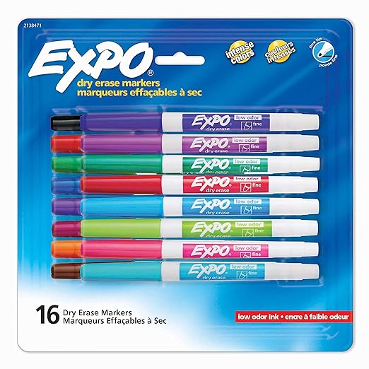 EXPO Dry Erase Markers, Whiteboard Markers with Low Odor Ink, Fine Tip, Assorted Vibrant Colors, 16 Count