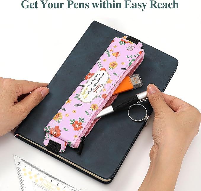 MoKo Elastic Pen Holder for Notebook, 4 Pack PU Leather Pencil Pouches | Adjustable 7.5–14.6 in bands secure the zippered pouches; each 7 × 2.2 in case holds at least 3–4 pens.