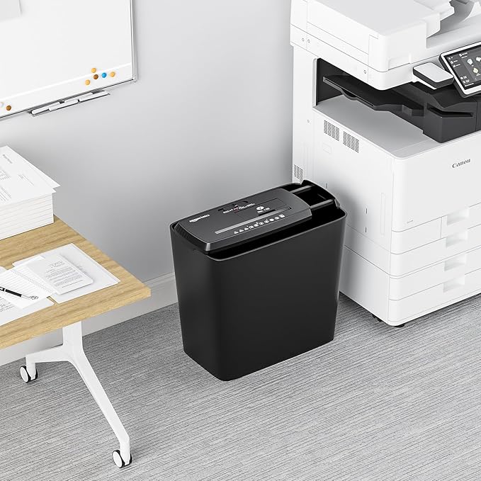 Amazon Basics 8-Sheet Strip Cut Portable Paper, CD, and Credit Card Shredder with Auto-Off, Overheat Protection, Compact Design, No Basket, Extendable Arm, Black