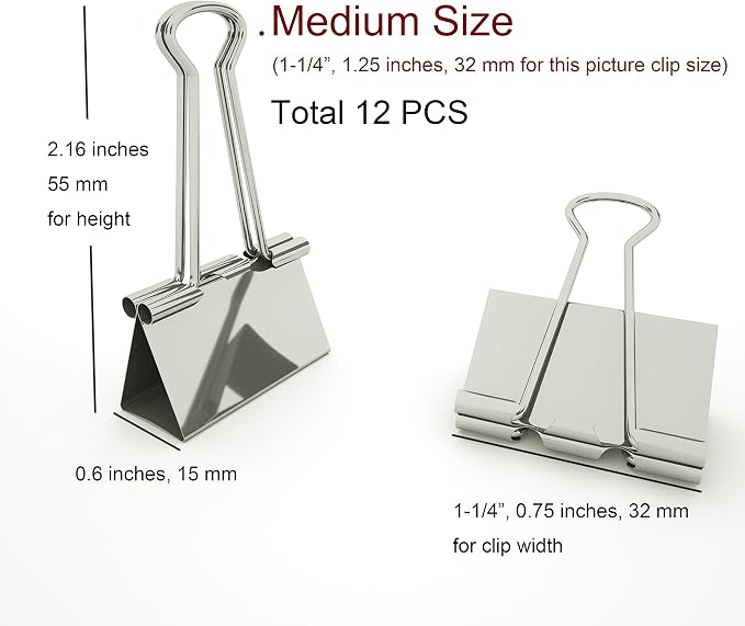Nctinystore Binder Clips Medium Metal Clamp - 1-1/4 in (1.25 inch) (Silver, 12 - Count)
