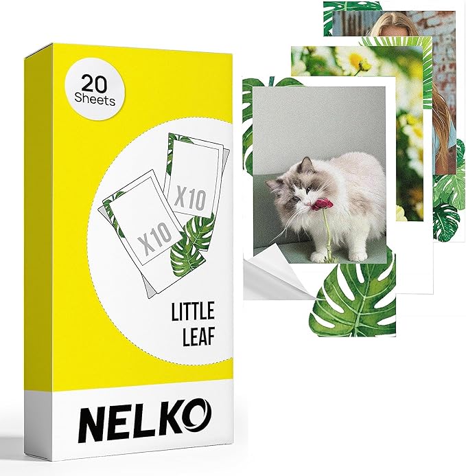 Nelko 52.3x90mm (2.06"x3.54") Premium Photo Paper, 20-Pack Genuine PP01 Pocket Printer Paper, Sticky Back Picture Paper, Compatible with Nelko PP01 Photo Printer, Easy to Peel Off, Little Leaf