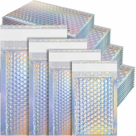 Henoyso 100 Pcs Bubble Mailer 4 Sizes Self Adhesive Waterproof Padded Envelopes Cushioning Seal Bubble Shipping Envelopes for Mailing Packaging Small Business Packing Supplies (Laser)
