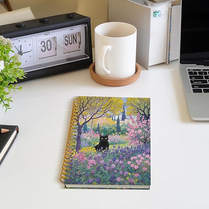Garden Floral Black Cat Spiral Notebook, Black Cat Gifts Journal, Cats Lovers Mom Lady Gifts Journal Notebook, 5.5x8.3 Inch