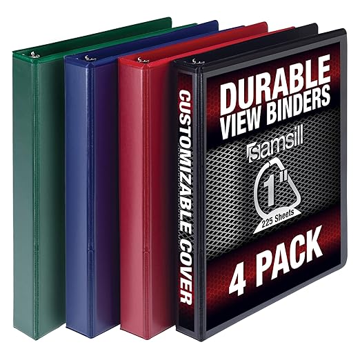 Samsill Durable 1 inch 3 Ring Binder, D Ring Binder, Customizable Clear View Cover, Basic Assortment, 4 Pack