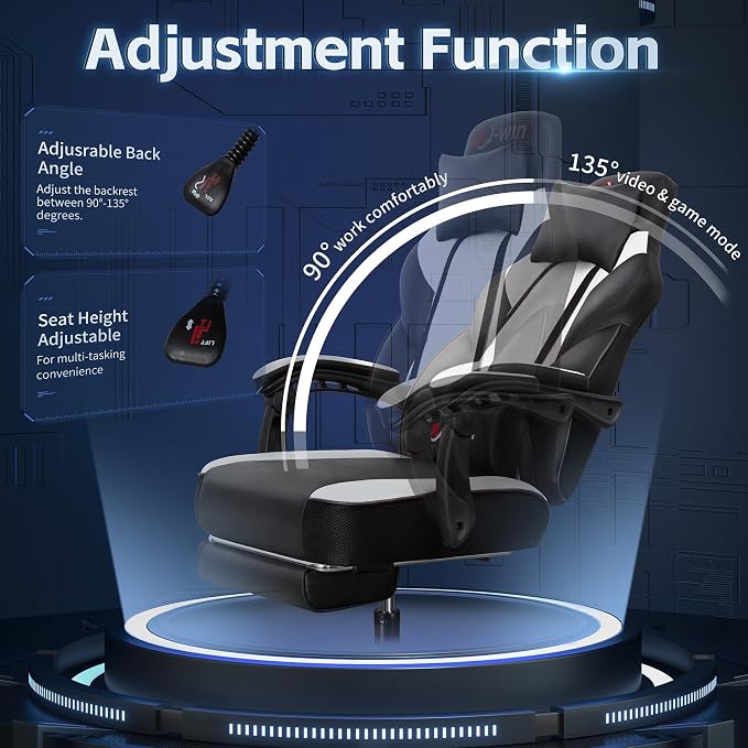 Video Gaming Chair for Adults, Computer Chair with Footrest and Ergonomic High Back, Big and Tall Gamer Chair with Massage Lumbar Support, 360° Swivel Height Adjustable Computer Chair, White